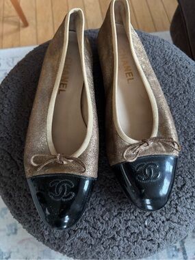 CHANEL Bronze Glitter Ballet Flats with Black Patent Cap Toe